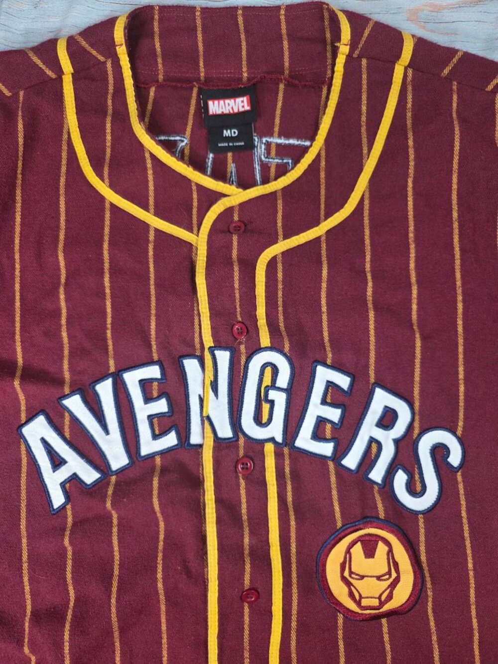 Marvel Avengers Iron Man Stark 63 Striped Button-Up Baseball Jersey Medium